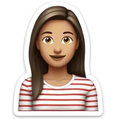 Portrait of an adult girl, tanned skin, dark long straight brown hair, dark eyes, smiling, wearing a white long sleeve with red horizontal narrow stripes. sticker