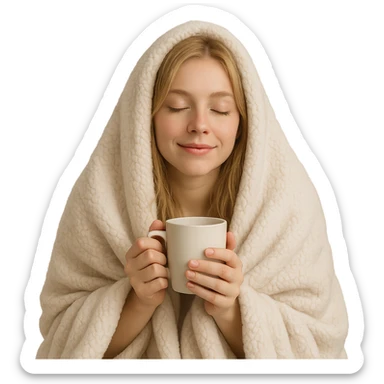 blonde girl inside a fluffy blanket, holding a coffee mug, eyes gently closed, relaxed expression sticker