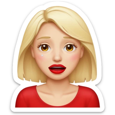 blonde having crying emoji tears (water-emoji) from hard laughter. really happy in general, happy eyes. red lipstick sticker