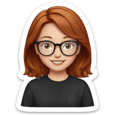 red-brown haired girl, middle length straight hair - wavy towards the ends, brown almond eyes, thick black glasses, oversized shirt sticker