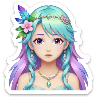 Beautiful gorgeous anime lady with beautiful iridescent-special-hair, fashion aesthetic, ethereal, fairycore, pastelcore, feather, flower, gems, accessories, jewelries, gold, colorful sticker