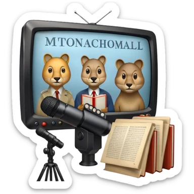 Icon for Documentary TV Show: A TV screen with a microphone, books, historical documents and scientific symbols. Include roaring animals, interview setup with a camera and a serious-looking news anchor or narrator. Transparent background. sticker
