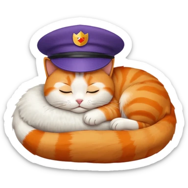 emoji of sleeping cat, its pose is lying, it has on his head FedEx uniform cap sticker