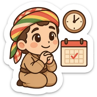 Kurdish sticker, cartoon style, Kurdish man or woman in jamadani, waiting with a hopeful face, maybe looking at a clock or calendar, no text sticker