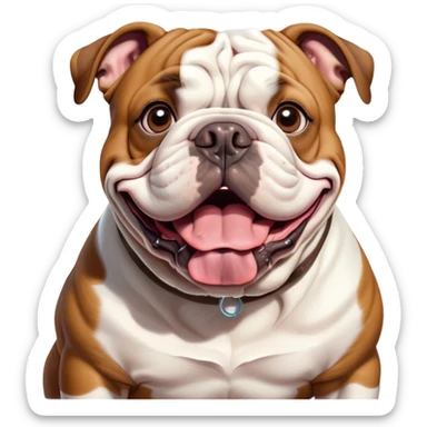 Cinematic Comical Brown and White English Bulldog Portrait Emoji, Head tilted dramatically with an exaggeratedly amused expression, featuring a striking brown and white coat with a bold pattern, wide, expressive brown eyes filled with playful disbelief, Simplified yet hilariously expressive features, highly detailed, glowing with a slightly sassy glow, high shine, dramatic yet playful, stylized with an air of cheeky defiance, bright and endearing, soft glowing outline, capturing the essence of a spirited and over-the-top guardian, so meme-worthy it feels like it could side-eye its way into internet fame instantly! sticker