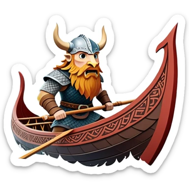 clash-of-clans-aesthetic_-cinematic-viking-longboat, rendered in a flat, bold vector style with minimal shading, featuring a striking dragon-headed prow slicing through icy, churning waters. shields on the side and vikings rowing The longboat’s intricately detailed shields and carved motifs evoke a sense of epic adventure and Nordic might, with billowing sails catching a dramatic, stormy sky backdrop. sticker