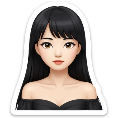 Asian woman with long black hair, straight bangs, black off-shoulder dress, and visible makeup sticker