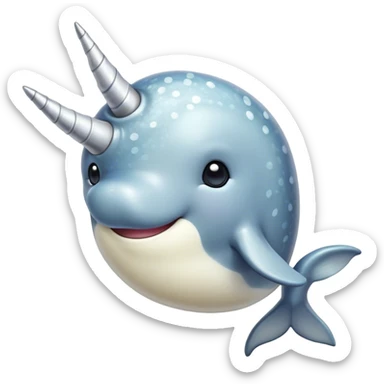 Cinematic Cute Narwhal Portrait Emoji, Head tilted playfully and inquisitively, showcasing a sleek, streamlined body with subtly iridescent, mottled gray skin and a prominently spiraled ivory tusk, complemented by round, sparkling eyes full of gentle wonder, Simplified yet irresistibly adorable features, highly detailed, glowing with a warm, friendly arctic glow, high shine, affectionate and lively, stylized with a touch of whimsical marine charm, soft glowing outline, capturing the essence of a mischievous yet loving narwhal that seems as if it could frolic out of the screen into your heart! sticker