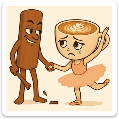 Keep the same quality and style as the reference image. Edit the coffee cup character to have a sad expression and the cinnamon stick character to have a mischievous expression. sticker