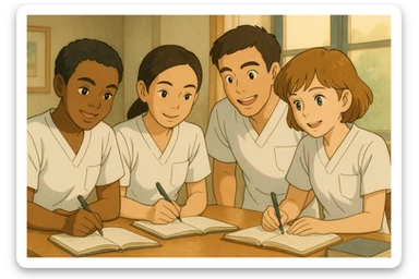 Four nursing students working together, Ghibli style, wearing short-sleeved white medical tunics with V-neck collars, left chest pockets, no stand-up collars, no stethoscopes, clean sleeves with no fabric extending beyond the sleeves. Faces and styles inspired by four provided photos. sticker