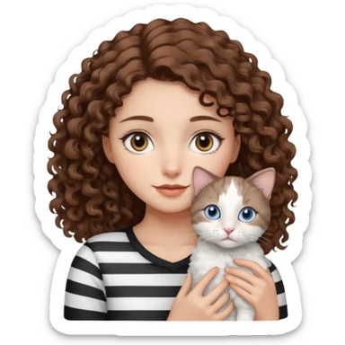 Haz un emoji de una chica con piel clara, ojos marrones, cabello castaño, rizado, cargando a un gato blanco con rayas negras y grises con ojos azules  sticker