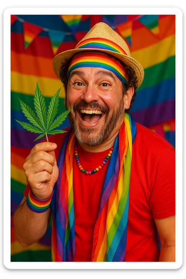 A flamboyant, joyful man with rainbow accessories, holding a cannabis leaf, expressive and proud, vibrant colors, LGBTQ+ pride theme sticker