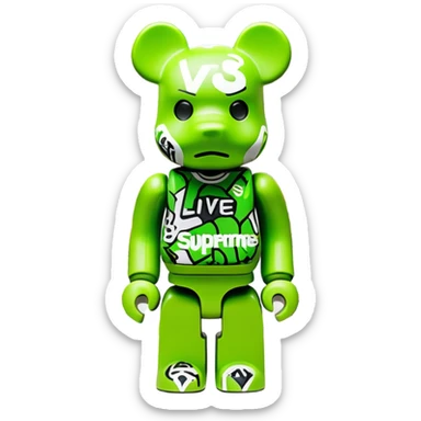 classic bearbrick figure with lime green mask filled with overlapping brand logos in wild graffiti style, street art aesthetic, many random logos like LV, Supreme, Nike all over the mask, bold eyebrows sticker