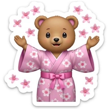 A cute light-brown bear wearing a pastel pink sakura-patterned kimono with a small ribbon on the back, normal balanced head and body ratio, joyful excited expression with sparkling round eyes and a wide happy smile, arms raised in excitement, a few pink sakura petals floating around sticker