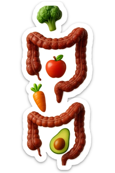 emoji stile iphone in 3d di cibo sano che fluttua in aria vericalmente insieme ùa pezzi di colon umano anatomico, iperrealistico 4k sticker