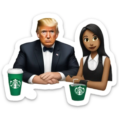 trump drinking starbucks with girl in a black hat and apron sticker