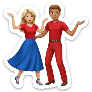 Two people dancing. Man in red shirt and  red pants with brown hair. Women in blue shirt and long skirt with blond hair. sticker