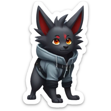 Cool Edgy Zorua-Zoroark-Mightyena with a collar and hoodie-sweater and harness on, full body sticker