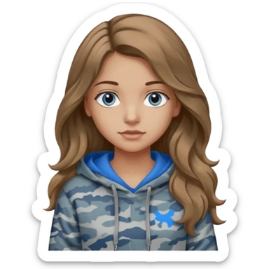 Girl with long wavy light brown hair, blue eyes , medium skin tone, wearing a gray camo hoodie  giving this 🤷🏼‍♀️ sticker