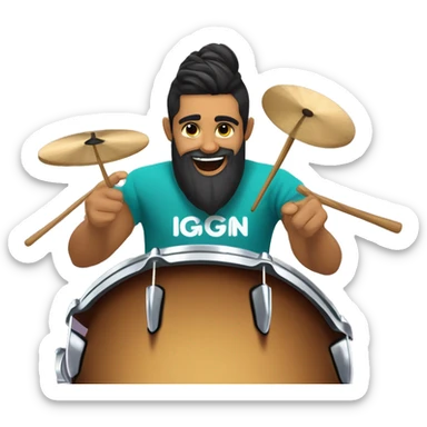 Illustrate a Brazilian drummer with tied hair and a beard, with an expression of pure happiness while playing drums in a live stream. Make sure the logo "GG Lukas Drummer" is in the background. sticker