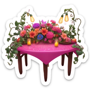 Hot pink table with glitter covered in lights and vines and flowers  sticker