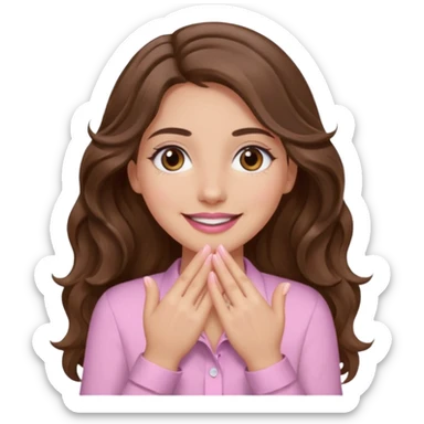 girl with wavy long brown hair, brown eyes, light to medium complexion, long lashes, light pink lipstick, wearing light pink shirt, smiling, hands covering over the eyes sticker