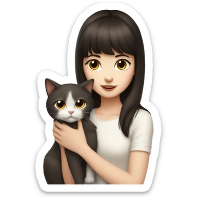 A pale girl with dark brown hair and dark brown eyes and bangs holds a white cat in her hands and looks at cat sticker