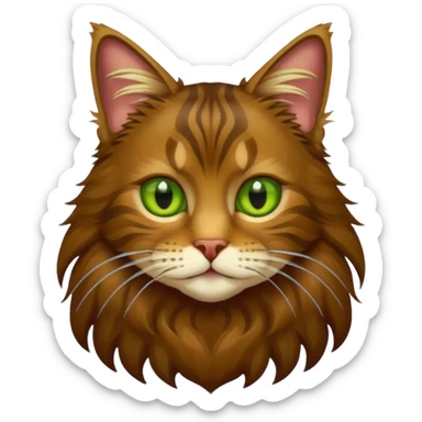 je veux un emoji chat main coon marron foncé  à poil long avec les yeux vert jaunes, je veux qu’il soit en entier assis stp  sticker