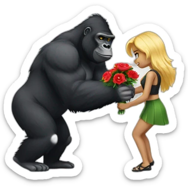 Bad boy Gorilla wearing gold chain giving flowers to a blonde girl sticker