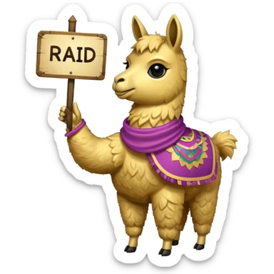 A small golden llama silhouette holding a sign in its mouth that says RAID sticker