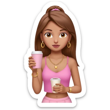 a pretty fair indian bratz girl with brown hair. with a pink cami top, drinking takeaway brown coffee, golden dainty necklace and carrying a white macbook sticker
