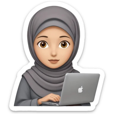A girl wearing a gray hijab and with hazel eyes is carrying a laptop, not a laptop, just a regular laptop. sticker
