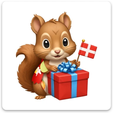 a squirrel holding a wrapped gift and a Swiss flag, both objects clearly visible, simple white background sticker