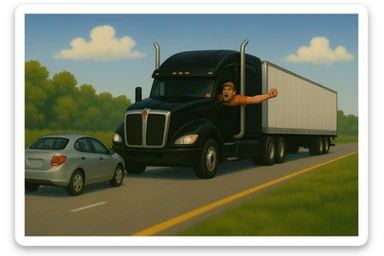 Zoom the scene out a lot farther, making the vehicles much smaller and showing a wide view of the road and landscape. Keep the black Kenworth W680 semi with chrome stack, angry bald driver in orange shirt and baseball cap, arm out the window, following a car. Scene should remain bright and vibrant. sticker