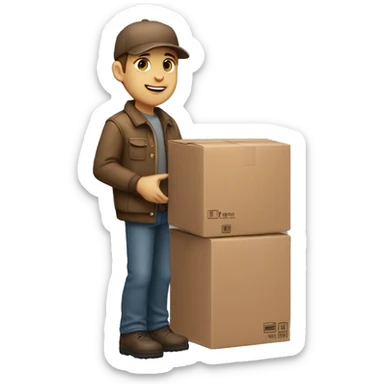 Delivery boy, full body, light skin tone, wearing brown cap and brown jacket, UPS delivery company uniform loading a package without background sticker