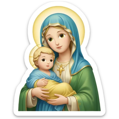 "A highly detailed iOS 18 emoji-style depiction of the Virgin Mary holding baby Jesus. Mary is wearing a green and blue mantle with a soft yellow veil, holding baby Jesus wrapped in a light yellow cloth. Both figures have soft, serene expressions and golden halos around their heads. The background is a glowing golden light with subtle clouds below them. Render in Apple emoji aesthetic — smooth, rounded shapes, bright pastel colors, glossy finish, minimalistic yet expressive, iconic emoji style. Maintain full fidelity to the original pose, colors, and facial features." sticker