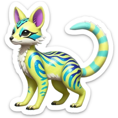 Rare realistic neon-colored iridescent shiny warm-colored lush tropical exotic cute epic pretty beautiful handsome gorgeous aesthetic colorful vibrant Vernid-Protogen-Primagen-Wickerbeast-Genet-Trico-species-Fakemon-hybrid-creature by LiLaiRa, beautiful intricate markings, full body sticker