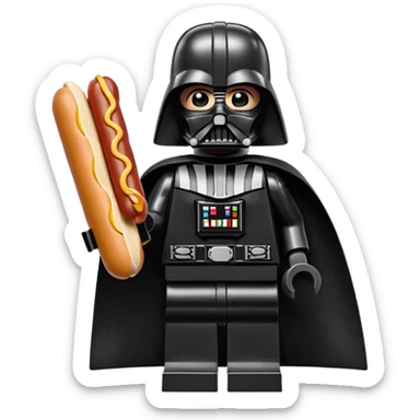 Lego Darth Vader holding a hotdog sticker