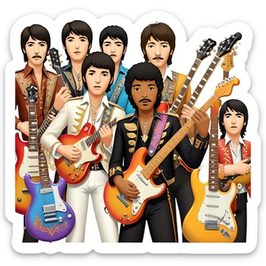 Rock music icon: collage of legendary rock stars—The Beatles, Jimi Hendrix, Elvis Presley, Queen, Nirvana, Led Zeppelin. Electric guitars, amplifiers, and microphones surrounded by vibrant stage lights and musical notes. Transparent background. sticker