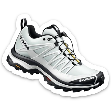 White Salomon XT-6 Gore-Tex sneakers as a pair with one shoe positioned behind the other, iOS emoji style, featuring trail running design with zigzag overlays and aggressive sole sticker