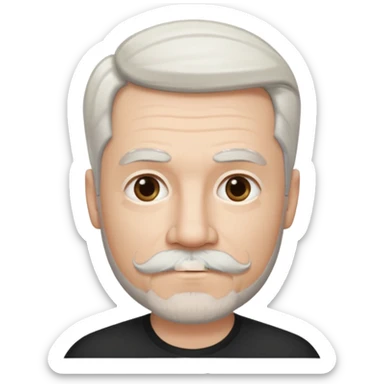 50 yr old white man, pale skin half black, half white hair, side swept part, groomed moustache and goatee sticker