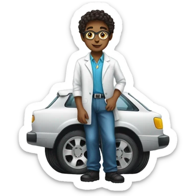 young scientist leaning on a car wheel sticker