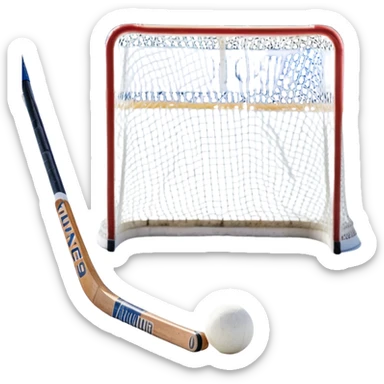A ball and hockey stick resting on an ice rink, with the goalposts and clear markings in the background. The scene captures the unique nature of field hockey with a ball on ice, emphasizing the speed and precision of the sport in a cold, competitive atmosphere. sticker