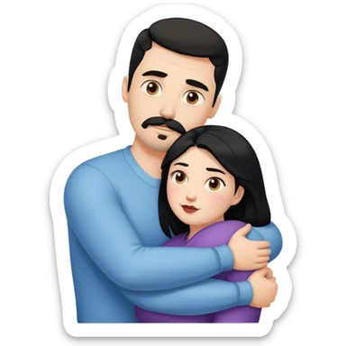 Tall strong white man with dark brown mustache goatee hugging a chubby short pale woman with long black hair sticker