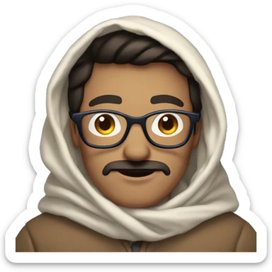 Pale Guy, dark brown narrow hair, moustache and soul patch under mouth, blue eyes, round glasses, covered in blanket sticker