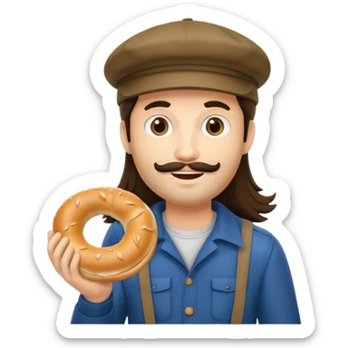 tourist brunette long hair man with cap holding bagel sticker
