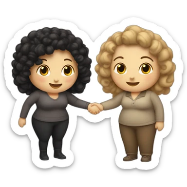 tan chubby woman with black curly hair shakes hands with a chubby pale woman who has straight light brown hair sticker