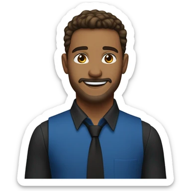 A man who looks about 25 years old, light-skinned with well-groomed brown hair and a slight goatee. He is wearing a blue shirt, a gold tie, and a black vest. He is smiling. sticker