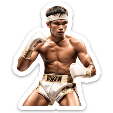​Cinematic Realistic Traditional Muay Thai Fighter such as Buakaw Banchamek, depicted in authentic attire featuring white bandaged gloves wrapped around his fists, a traditional headband tied neatly, and classic Muay Thai shorts, captured in a dynamic fighting stance under dramatic, high-energy lighting that highlights the raw power and elegance of the art, sticker