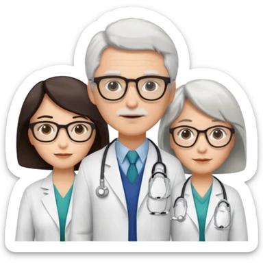 Four doctors standing together:

a female doctor with dark-colored short bob hair,

a young male doctor,

an older male doctor with white hair wearing glasses,

and a female doctor wearing glasses. sticker